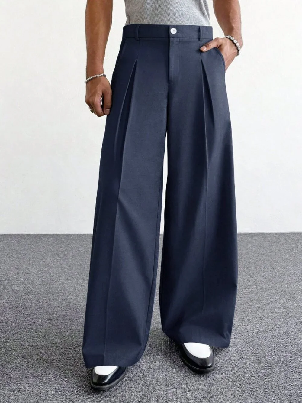 Navy Blue Casual Men's Wide Leg Pants